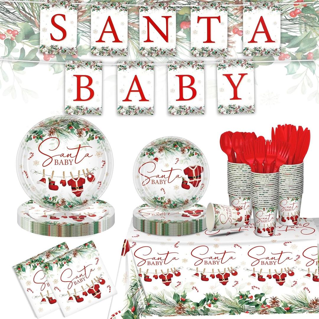 Zhehao 272 Pcs Santa Baby Shower Decorations Christmas Baby Shower Party Santa Tableware Set Disposable Tablecloths Plates Napkins Cups Forks Knives Spoons Banner for Party Decoration Supplies