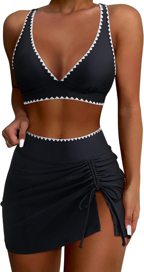 SUUKSESS Women High Waisted Bikini Sets with Skirt Sexy Crisscross Back Swimsuit (Large, Black)