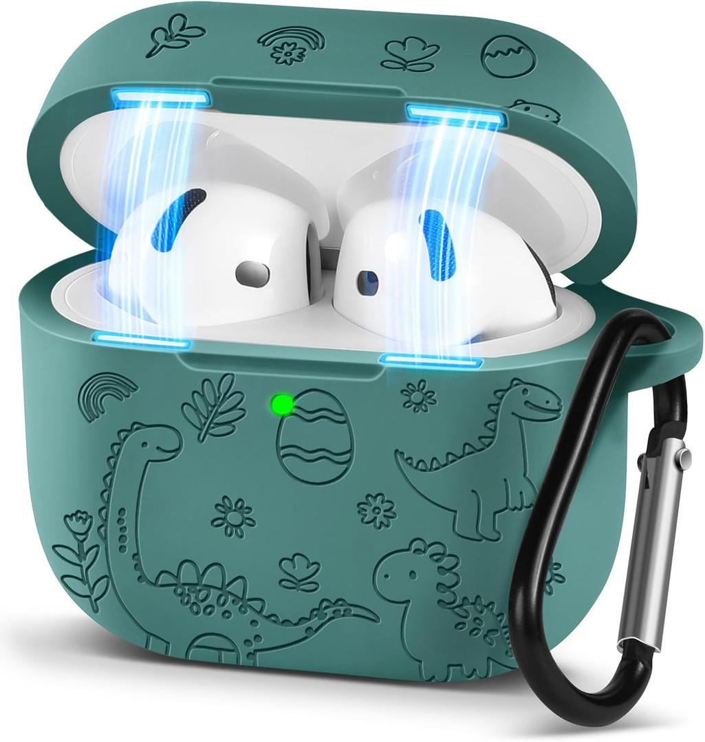 Boaretiu for Airpods 4 Case - 3D Silicone Engraved Elegant Cute Simple Kawaii Unique Cover with Carabiner Keychain for Women Girls Female Girly Dark Green Design for Airpod 4 Case, Dinosaur Animals