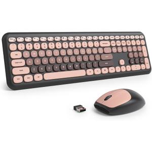 Surmen Cute Colorful Keyboard and Mouse Wireless Silent, Full-Size Retro Typewriter Wireless Quiet Black and Pink Keyboard Low-Noise 2.4GHz for Computer, Desktop, Laptop(6-Heimei)