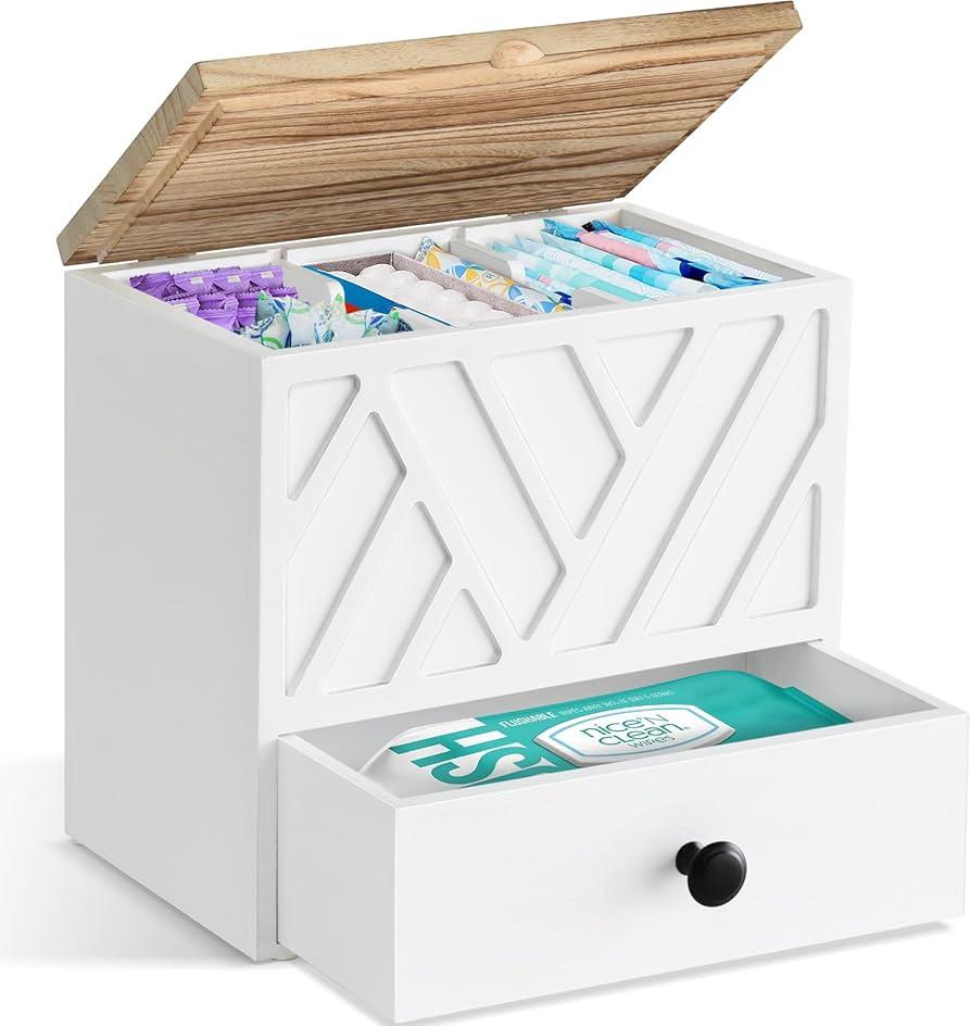 Tampon Holder for Bathroom Decor, Feminine Product Organizer with Lid and Drawer, Shark Week Tampon Storage, Wood Pad and Tampon Organizer for Toilet Organizer, Bathroom Accessories Box for Girl Stuff