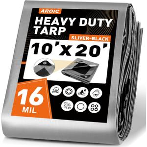 AROIC 10x20FT Heavy Duty Tarps, Waterproof 16 Mil Thick Camping Tarp with 15x17 Weave, Large Waterproof Tarp Tear Resistant UV Resistant Multipurpose Protective Cover for Tent Car Roof Boat