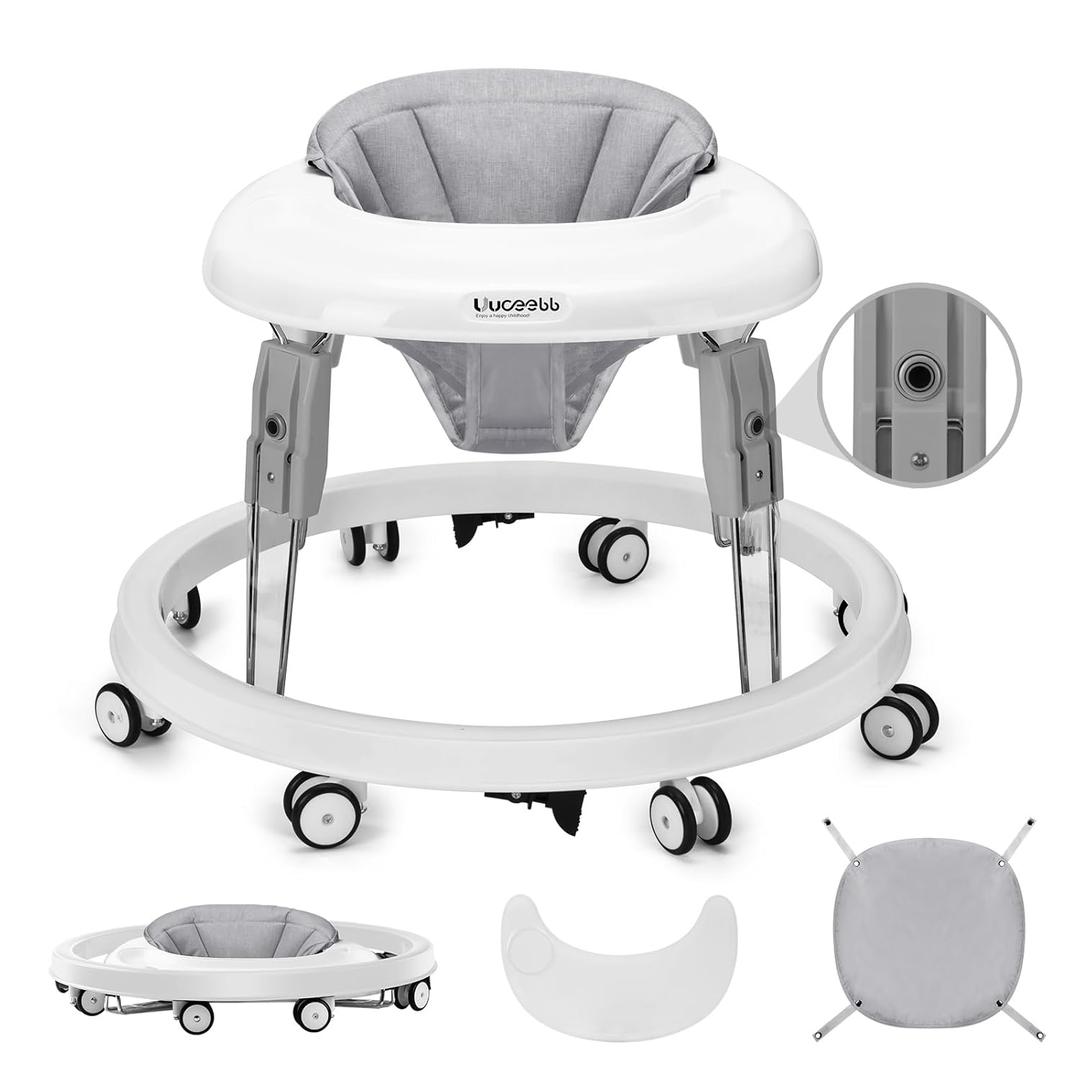 One-Touch Folding Baby Walker, Anti-Roll 8-Wheel Round Chassis, 7-Speed Height Adjustment, with Large Dinner Plate and Brake, 6-18 Months Baby Walker, Gray (Grey)