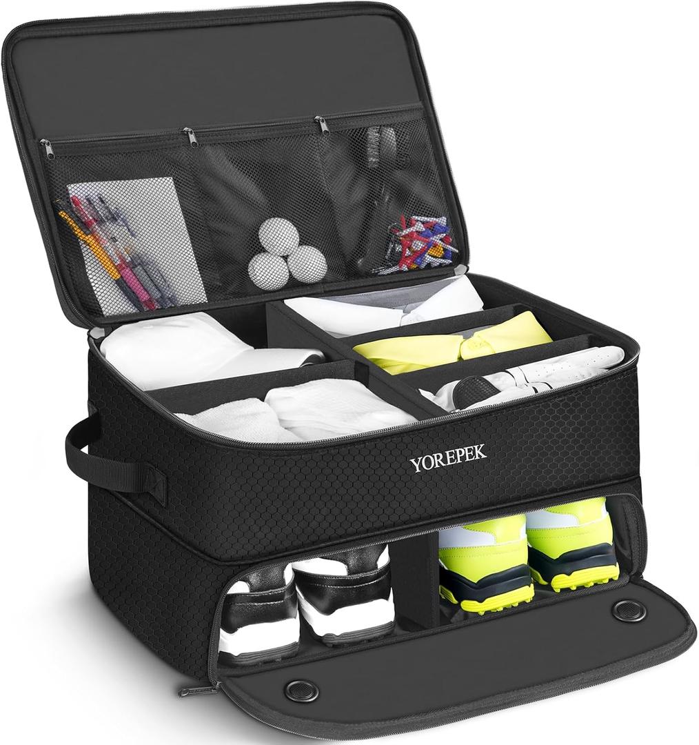 YOREPEK 2 Layer Golf Trunk Organizer, Golf Gifts for Men with Separate Ventilated Compartment for 2 Pair Shoes, Waterproof Car Trunk Locker for Balls, Tees, Clothes, Gloves, Accessories, Golfer Gifts (Standard-Black)