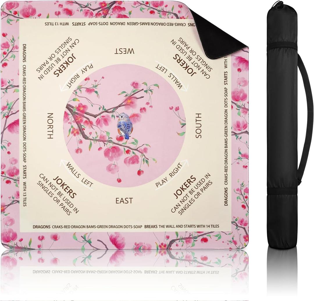 DEVPNR Mahjong Mat for Table with Rules, Noise-Reducing 32.6"x32.6" Mahjong Table Cover, Non-Slip Table Cloth for American Mahjong, Poker, Card, Board & Tile Games, Easy Storage with Travel Bag (Pink)