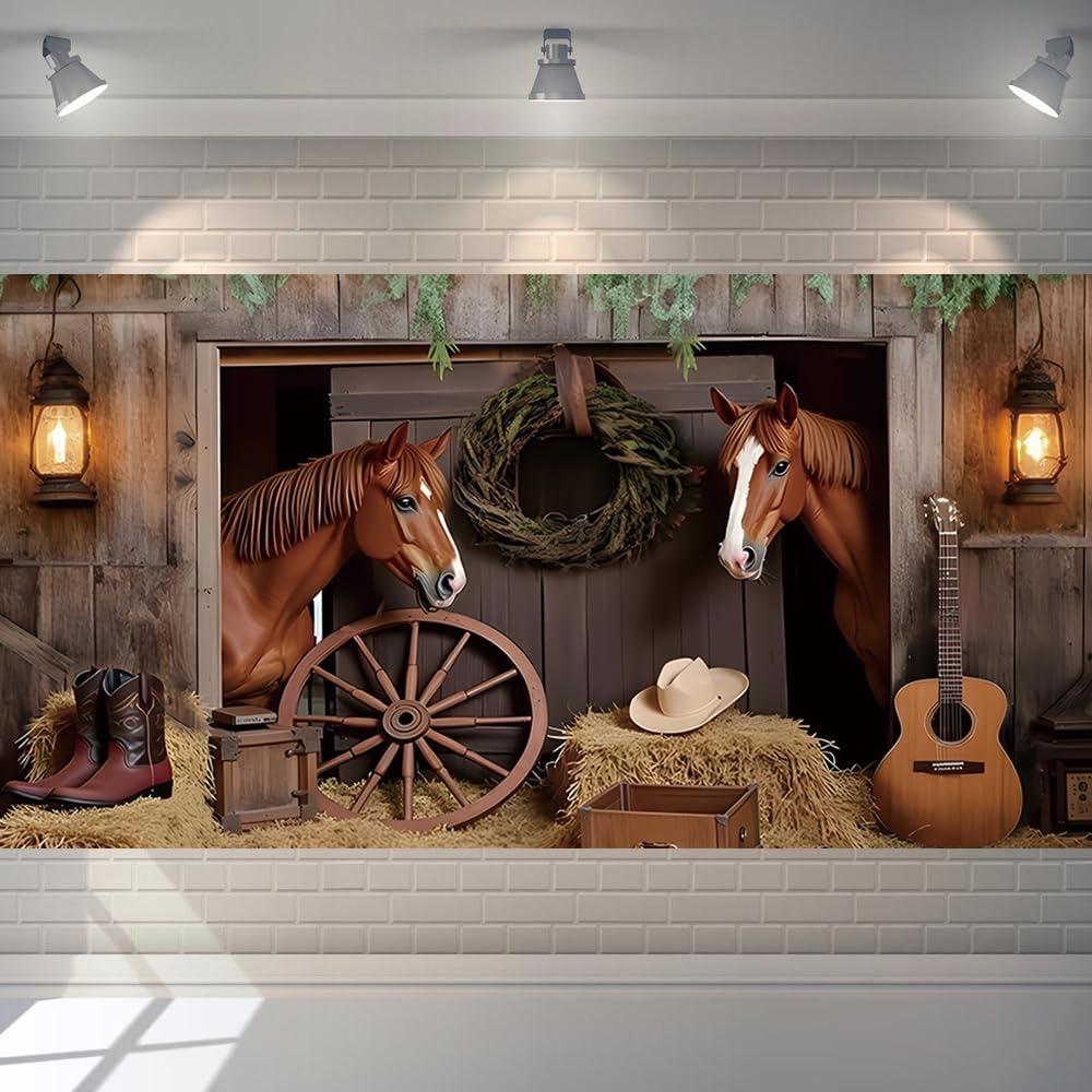 Western Backdrop 20x10ft Cowboy Party Decorations Wild West Rodeo Themed Banner Decor Country Rustic Barn Horse Photo Background for Baby Shower Birthday Supplies