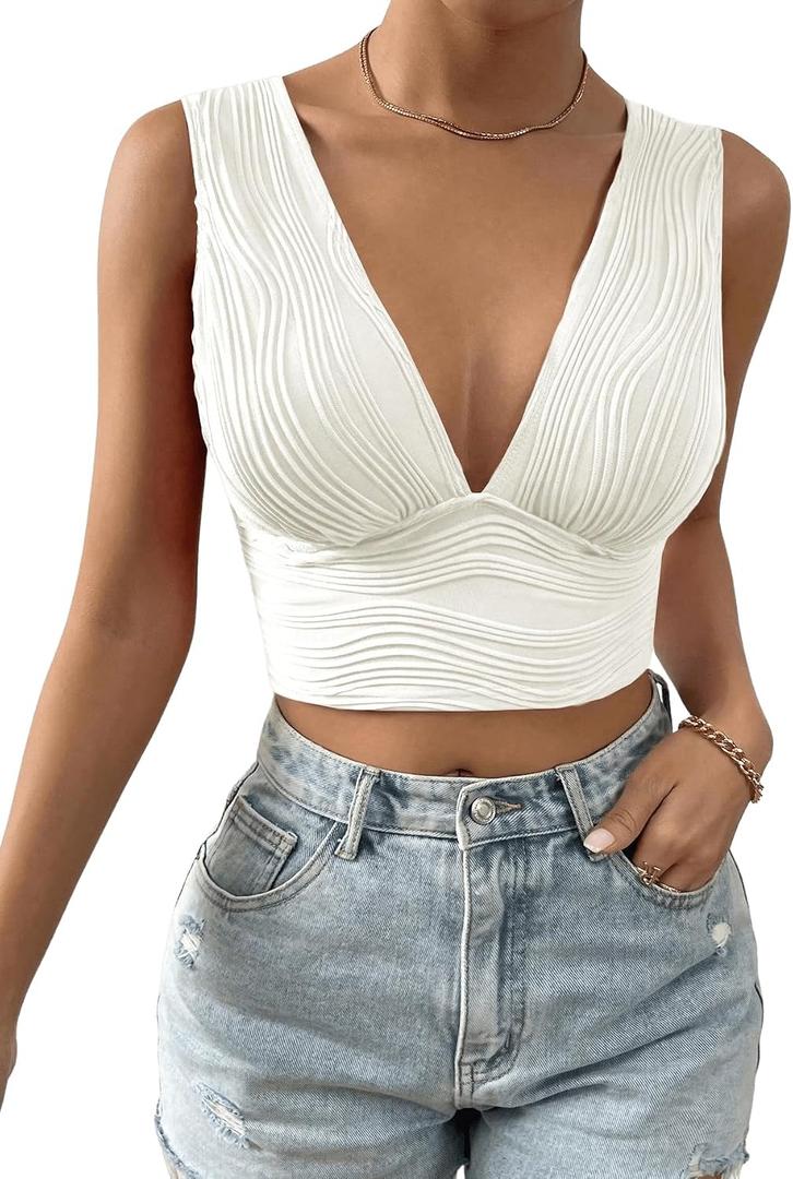 SweatyRocks Women's Solid Deep V Neck Backless Crop Top Sleeveless Slim Fit Textured Tank Top Summer (White)