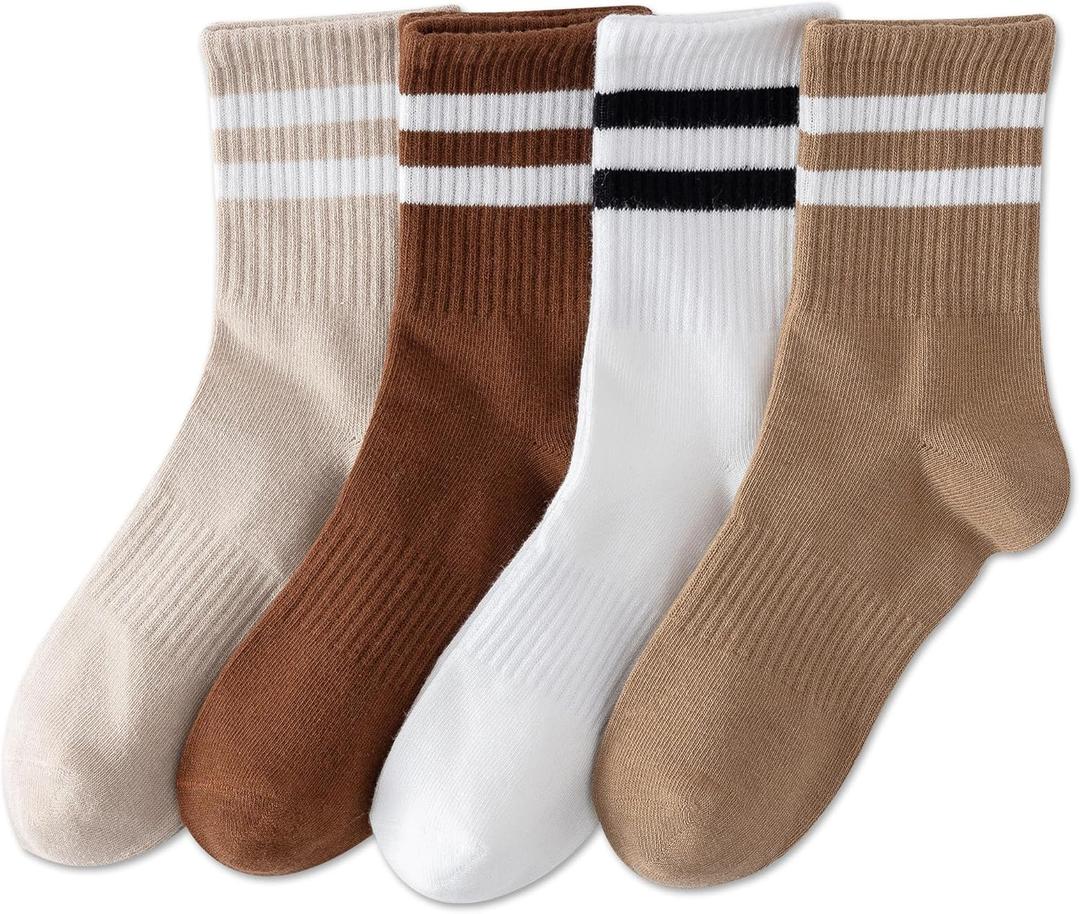 YUWELL Womens Striped Crew Socks, Cotton Cozy Casual Socks for Women 4 Pairs, Size 5-10 (4pairs-white Coffee Brown Beige)