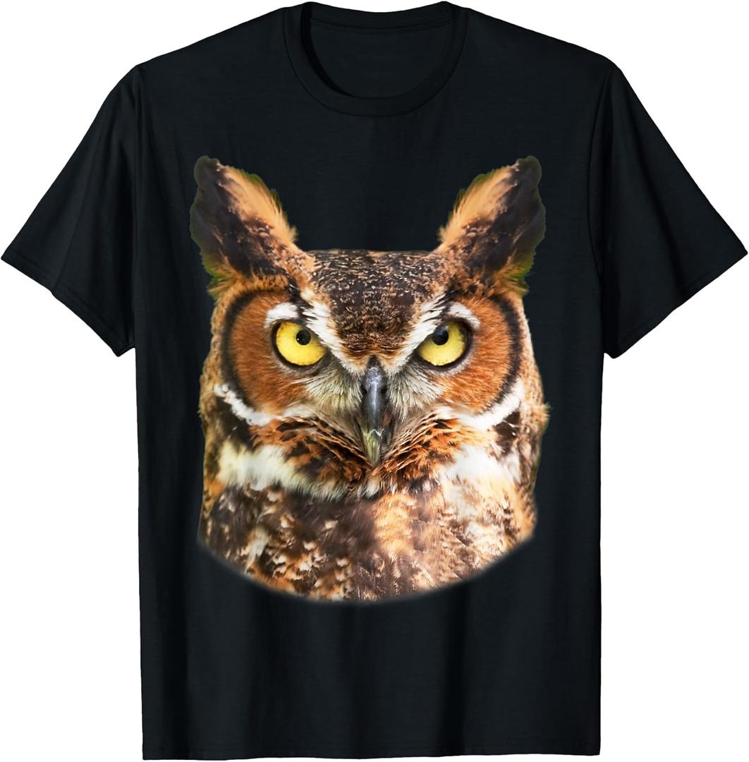 Great Horned Owl Head T-shirt Owl Lover Tee (Black)