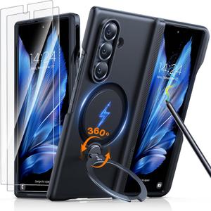 TORRAS 360 Spin Magnetic Stand for Galaxy Z Fold 7 Case with S Pen Holder, [MIL-Grade Hinge Protection] [Fit for Magsafe] [360 Kickstand & Ring Holder], Armor Slim for Samsung Galaxy Z Fold 7, Black
