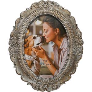 Oval Vintage Picture Frame 4x6, Matted Antique Silver Photo Frames with Glass Front, Desktop & Wall Hanging Home Vintage Decor, Gift Ideas (Silver Rose, 4x6)