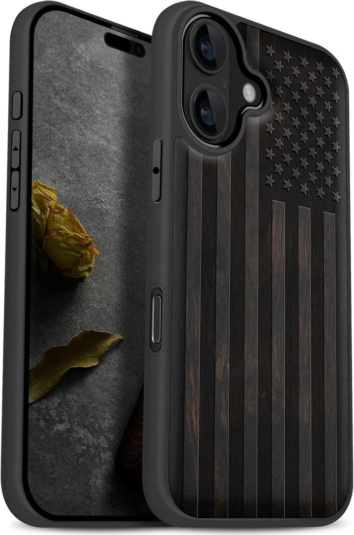 Carveit Magnetic Wooden Case for iPhone 17 Case, Wood Artisan Engraved & Black Soft TPU Shockproof Cover, Compatible with MagSafe Wireless Chargers (The Classic American Flag)