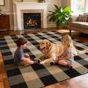 Washable Checkered Easy Jute Rug 9x12, Black Plaid Checkerboard Geometric Modern Outdoor Indoor Patio Large Rug, Woven Thin Carpet Mat for Living Dining Play Room Bedroom Classroom Kid Nursery