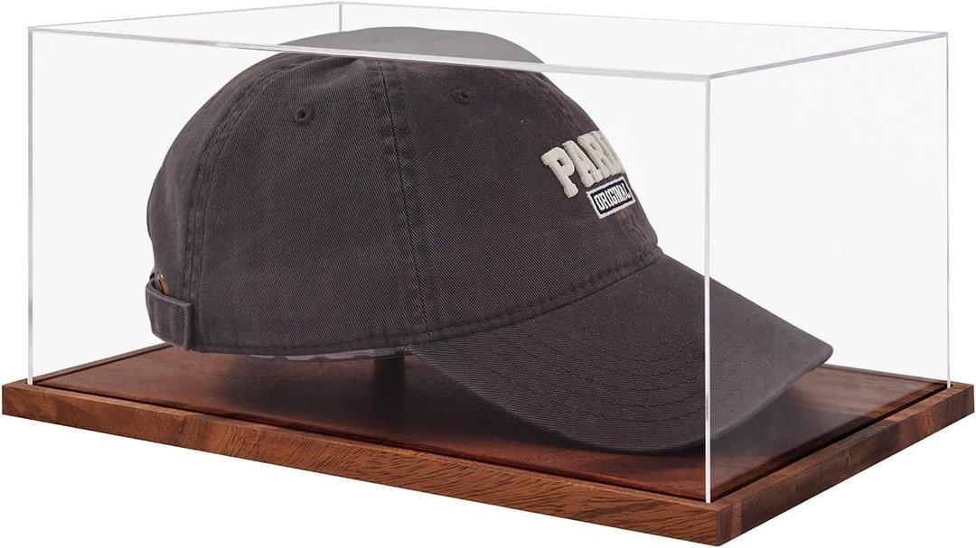 LITY Hat Display Case, No Assembly Required Clear Acrylic Baseball Cap Stand, UV Protection Signed Hat Transparent Showcase, Cap Display Box with Solid Wood Base Risers & Hat Shaper (1 Pack Cap)