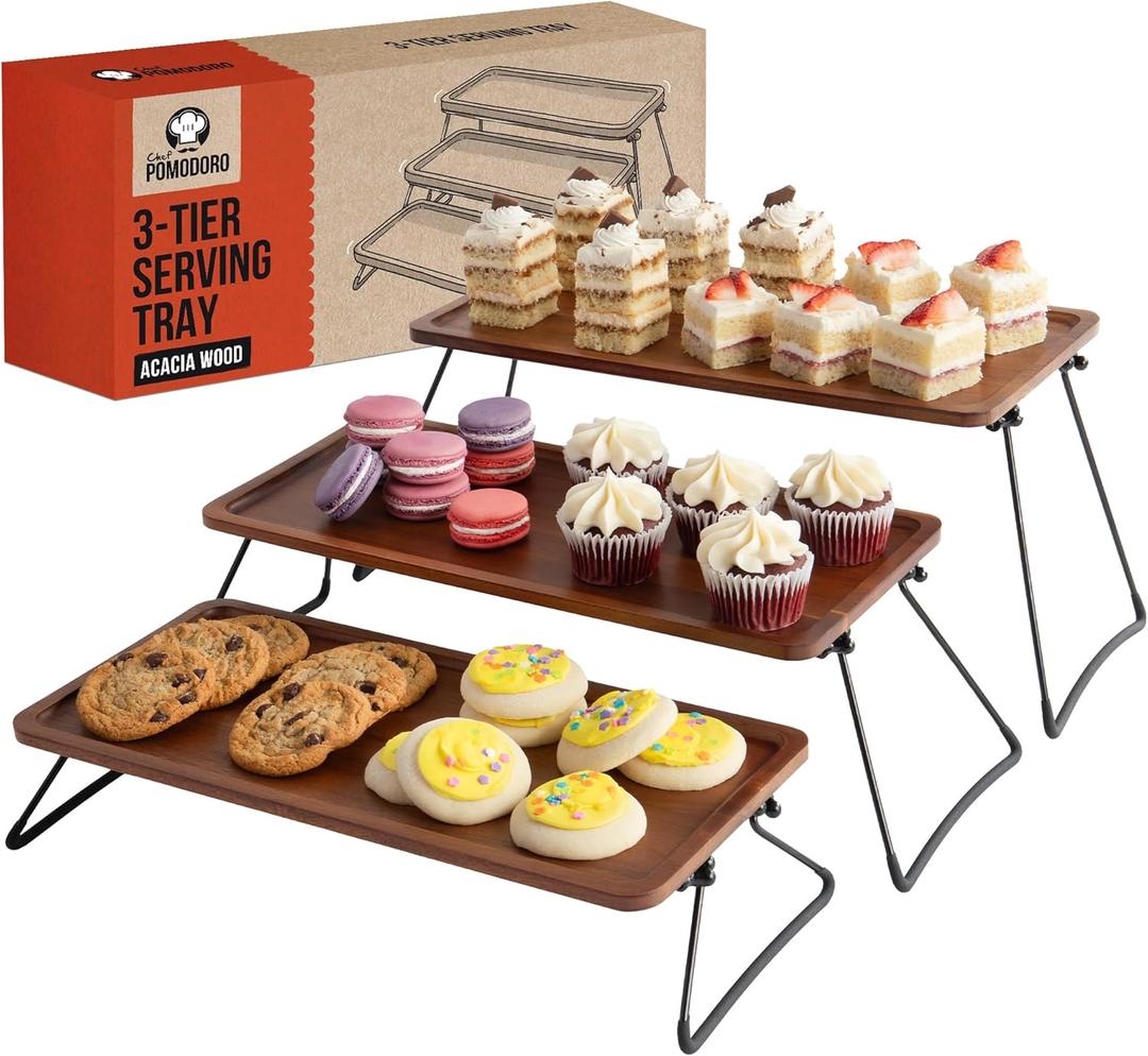Chef Pomodoro 3 Tiered Serving Trays & Platters with Non-Slip Base for Food Display, Cupcake Stand, Elevated Charcuterie Board Cake Stand, Wooden Tiered Dessert Serving Stand for Parties and Events