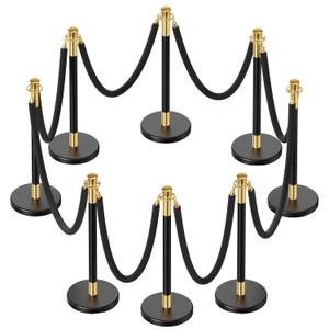 8pcs Sturdy Stanchion Posts, 8pcs High Quality Black Velvet Ropes, Water/Sand/Concrete Fillable Leakproof Base, Crowd Control Barriers for Birthday, Prom, Business, Wedding, Red Carpet