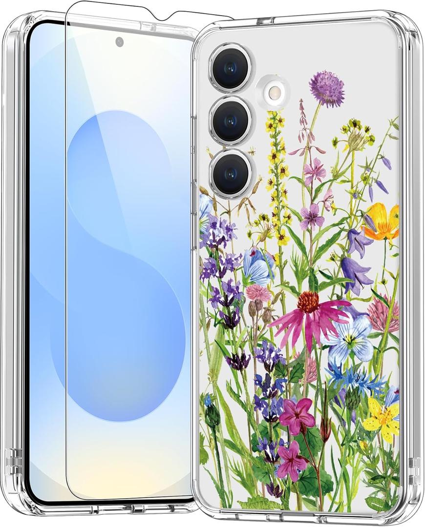 bicol for Samsung Galaxy S25 Case with Screen Protector,Enhanced Camera Protection,Clear Cover with Trendy Designs for Girls Women,Slim Fit Protective Phone Case,Blooming Flowers