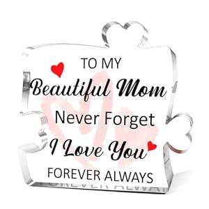 Mom Appreciation Acrylic Plaque,Gift for Mother Thanksgiving Birthday Christmas from Son Daughter,Love You My Mom Sign Peony Puzzle Piece 4.5x4.5 Inches 2 Pack
