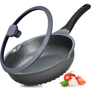 Vinchef Nonstick Skillet with Lid, 11In/5Qt Aluminum Deep Frying/Saute Pan with Lid and Heat Indicator, Anti Scratch and Anti Stain, Induction Compatible (11inch Black)
