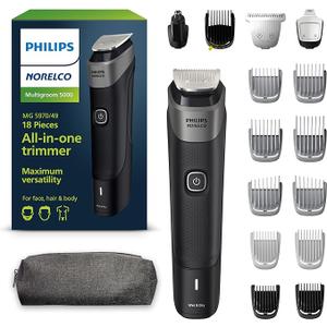Philips Norelco Multigroom 5000 Series, All-in-One Trimmer, Beard Trimmer and Hair Clipper, 18-Piece Men's Grooming Kit for Beard, Face, Nose, Ear, Body, with Titanium Blades, Travel Pouch, MG5970/49