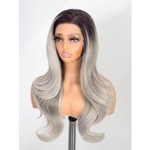 Cuiud Ombre Gray Brown Lace Front Wig 13×4 Pre Plucked Ash Gray with Blonde Synthetic Lace Front Wigs for Women 26Inch Glueless Wigs for Beginner Daily Use Beginner Friendly