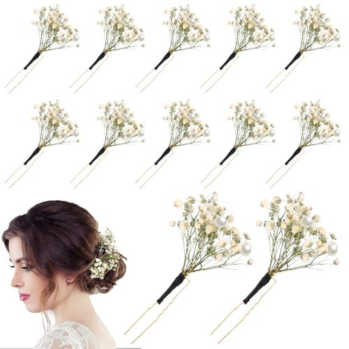 Daifunli 12 Pcs Baby's Breath Hair Pins for Wedding Bridal Shower Dried Flower Accessories Hair Pins with Pearl for Brides Bridesmaid Women Girls