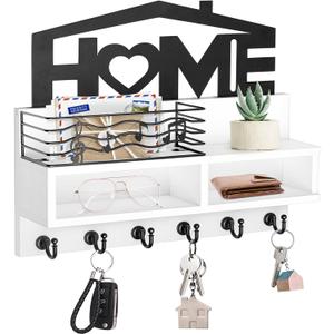 VIS'V Key Holder Wall Mount, Decorative Wooden Mail and Key Organizer with Storage Basket and Shelf, 2 Compartments, 6 Hooks, White