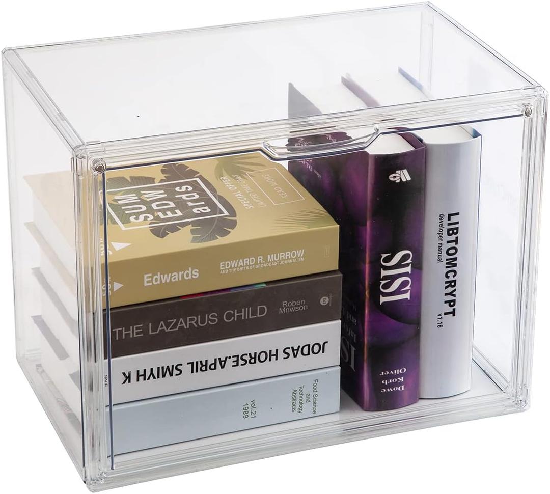 BOHOIDEE 1PACK Clear Book Storage Organizer for Bookshelf, Plastic Stackable Book Display Case with Magnetic Door, Acrylic Showcase for Toys Handbags, Shoes, Purses