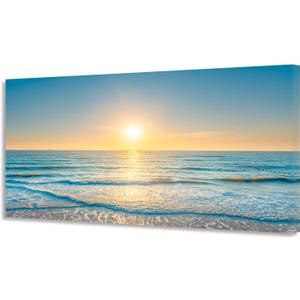 Wall Art Canvas Painting Blue Sea Beautiful Seascape 1 Piece Ocean Sunset Waves Picture Poster Print Framed and Stretched Ready to Hang for Living Room Bedroom Artework, 48"L x 24"W