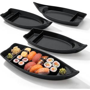 4 Pack Sushi Boat Serving Plates, 10 Inch Melamine Sushi Serving Tray with Divider, Japanese Sashimi Plate for Soy Sauce, Wasabi, Appetizers, Restaurant Home Party (Red,Black)