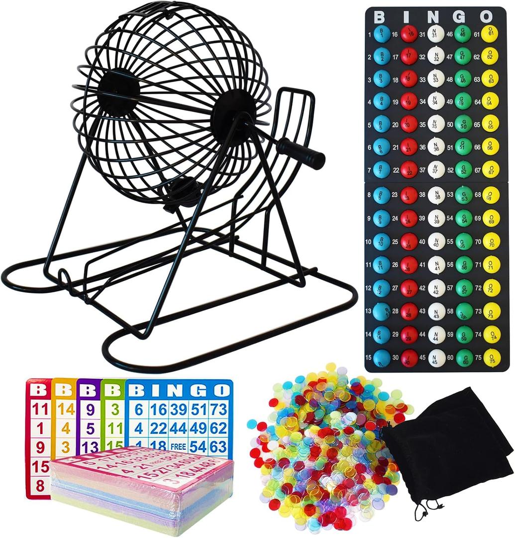 Yuanhe Jumbo Bingo Game Set - 11" Metal Round Cage, 75 Colored Balls, 100 Bingo Cards, 500 Mixed Chips and Master Board for Large Groups, Parties