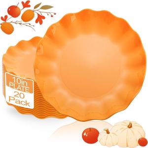 LIYH 20 Pcs 10 Inch Orange Plastic Scalloped Plates Reusable - Unbreakable Dinner Plates-Dishwasher Safe, Perfect for Halloween & Thanksgiving Party BPA Free