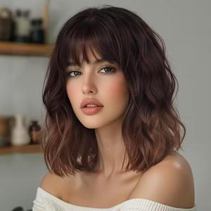 Lativ Ombre Brown Wigs for Women Bob Wig with Bangs Short Curly Wavy Wigs Natural Charming Heat Resistant Shoulder Length Hair for Cosplay Daily Party Use 14 Inches