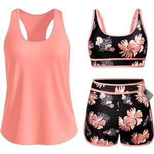 Daci Women 3 Piece Tankini Swimsuits - Tummy Control Bathing Suit Sport Bra Modest 2 Pockets Boyshorts 2026 Large, Orange Floral