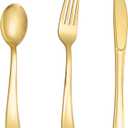 N9R 500PCS Gold Plastic Silverware - Gold Plastic Cutlery Set Disposable Flatware Dinnerware -200 Forks, 150 Spoons, 150 Knives for Party, Birthday, Wedding Utensils