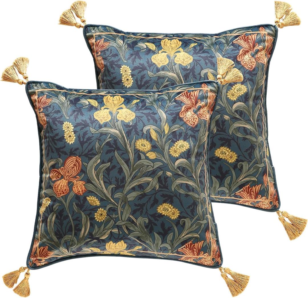 patdrea Designer Vintage Folk Velvet Throw Pillow Cover 18x18 inches,Blue Quaint Wild Blooming Floral Pattern,Decorative Square Pillowcases Cushion for Bed Living Room Outdoor Car,Pack of 2