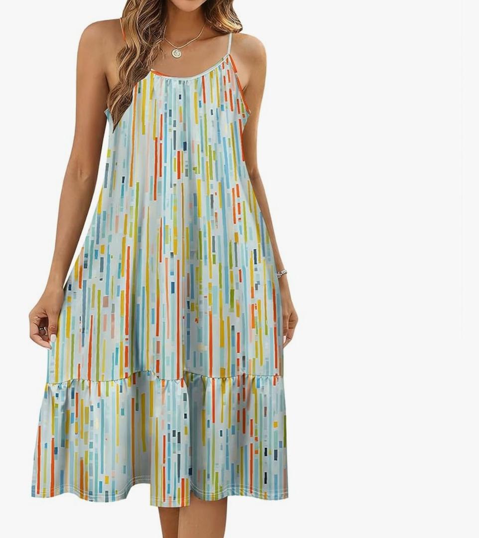 Womens Summer Ruched Sleeveless Scoop Neck Midi Dresses Casual Loose Fit Flowy Tiered A Line Beach Vacation Cami Sundress Size L