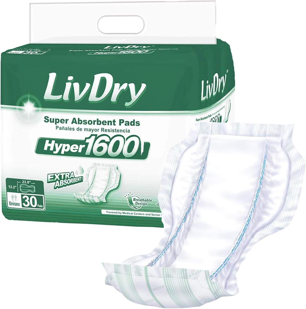 LivDry High Absorbency Pad Insert for Incontinence Briefs and Adult Diapers, Women and Men, Hyper 1600 (30 Count)