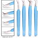 M LASH Tweezers for Eyelash Extensions (Set of 4) - Professional Lash Extension Tweezers - Fiber Tip, Japanese Steel, Diamond Grip Eyelash Extension Tweezer set (Teal)