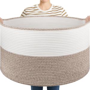 OIASKET Large Blanket Basket with Handles, 22.8" x 22.8" x 13" Woven Storage Basket for Living Room, Cotton Rope Baby Toy Storage for Clothes, Pillows, Towels-Brown & White