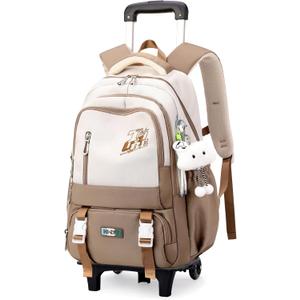 Girls Boys Rolling Backpack, Elementary Middle School Kids Bookbag Roller Backpack for Boys Girls with 2 Wheels, Khaki