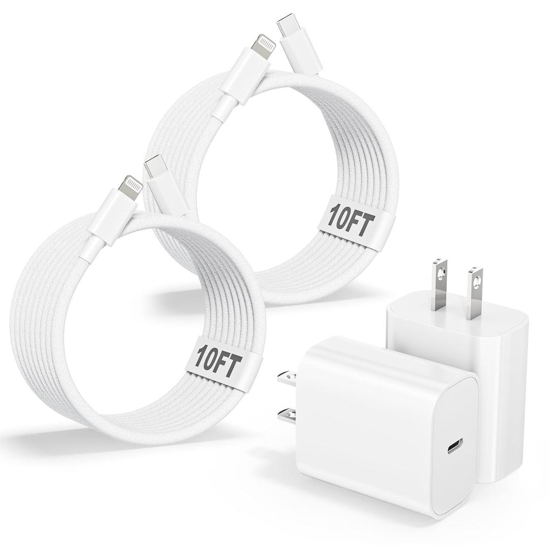 10FT Extra Long Braided iPhone Charger Fast Charging,10Foot 2Pack i Phone Charger Block USB C to Lightning Woven Cable Cord Adapter for iPhone 14 Pro Max/14 Plus/13 Mini/13/12/11/X/XR/SE/i Pad/AirPods