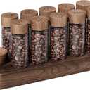 Single Dose Coffee Bean Storage Tubes Coffee Storage Container with One-Way Exhaust Valve,Coffee Bean Cellar 10 Pcs Dosing Glass Vials (2 Oz) Walnut Wood Stand Funnel And Lids