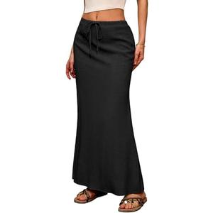 ELLEVEN Linen Flared Maxi Skirt with Back Slit - Elastic Waist Drawstring Long Flowy Ankle-Length Skirt, Size: XL