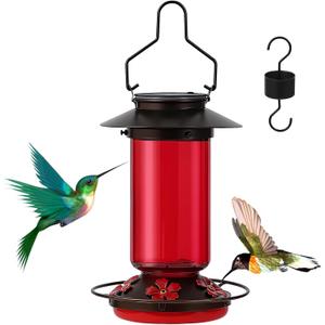 Solar Hummingbird Feeder for Outdoors Hanging Glass 21 Ounce with 5 Bee Guard Feeding Ports and Ant Moat, Leak-Proof, Red