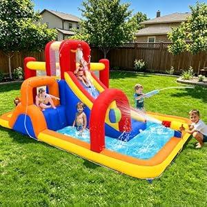 Hongcoral Inflatable Water Slide, 10 in 1 Water Park Bounce House with Splash Pool, 2 Slides, Ball Pit, Water Cannon, Climbing Wall, Blow up Water Slides for Kids Outdoor Backyard
