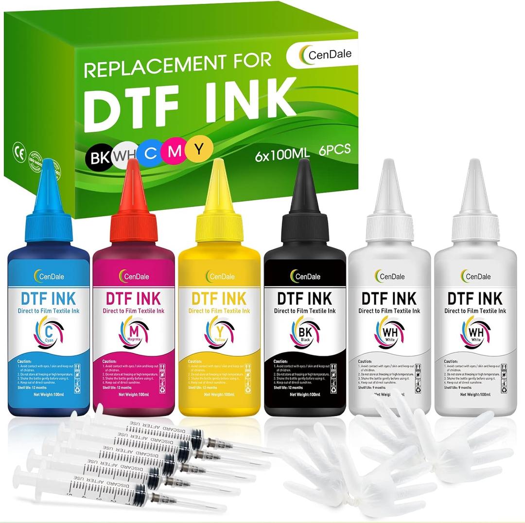 Premium DTF Ink 600ML- DTF Transfer Ink for PET Film, Refill for DTF Printers Epson ET-8550, XP-15000, L1800, L805, R1390, R2400, Heat Transfer Printing Direct to Film (100ml x 6, CMYK Wh) (2 White,Cyan,Magenta,Yellow,Black)