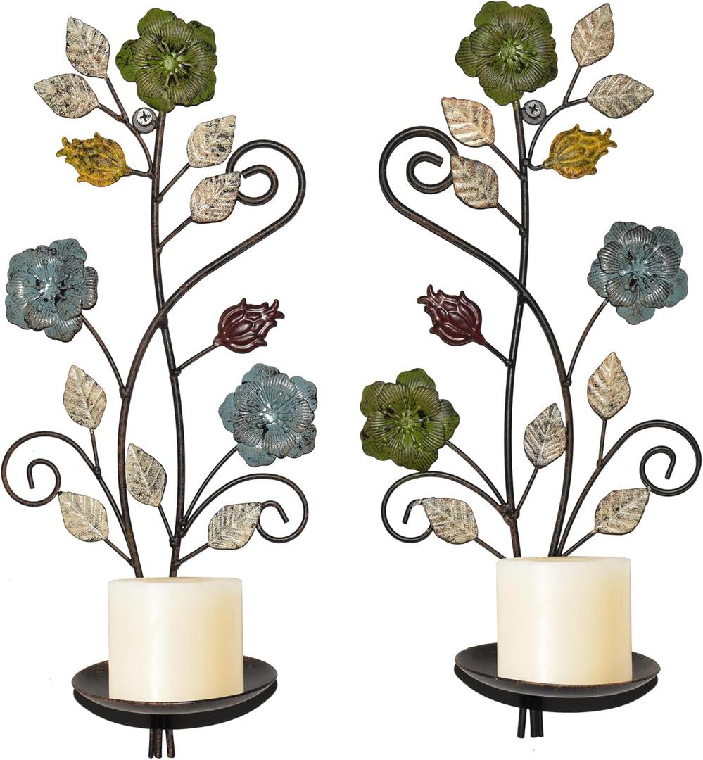 Wall Sconces Candle Holder Set of 2, Antique Color Style Leaf Branch Wall Mount Hanging Metal Wall Candle Holder Candle Sconce for Living Room Dining Room