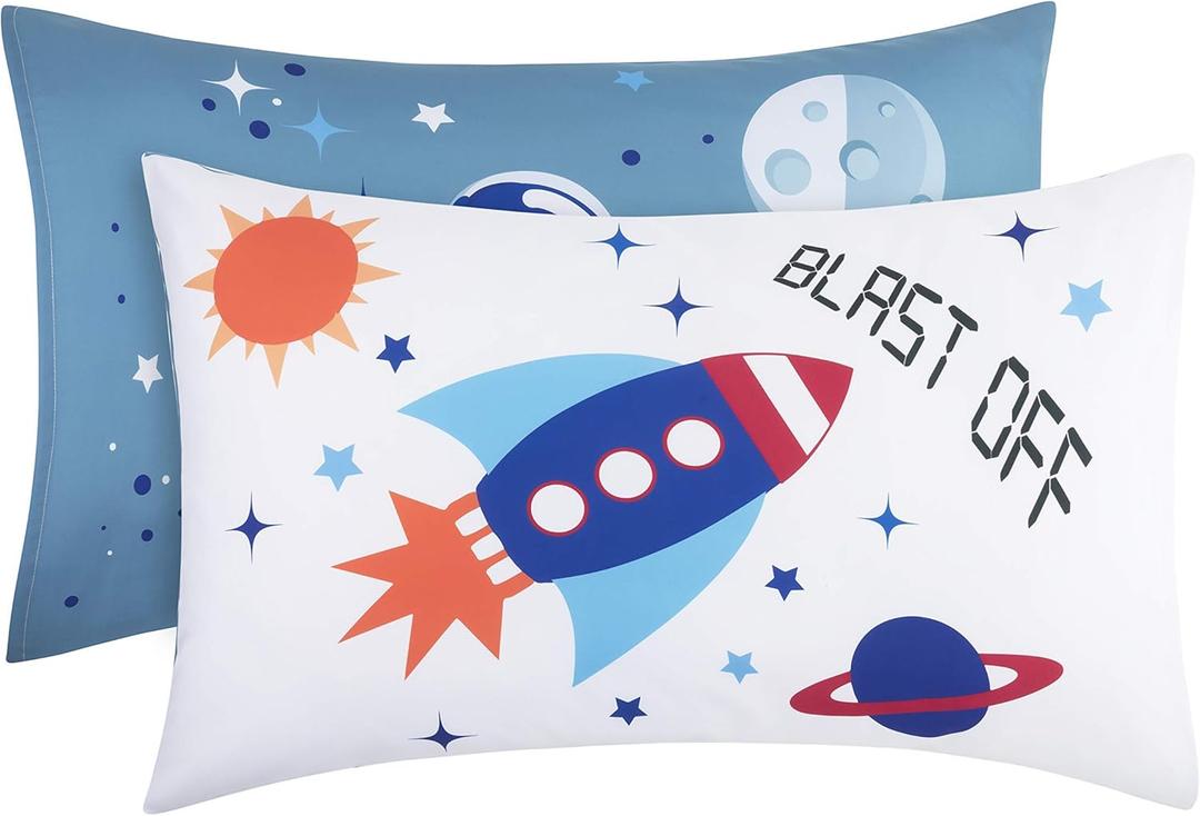 Everyday Kids 2-Pack Standard Size Pillowcases fit Pillows 20 x 26 -100% Soft Breathable Microfiber - Perfect for Toddler Little Boy Twin/Full Size Bed - Space