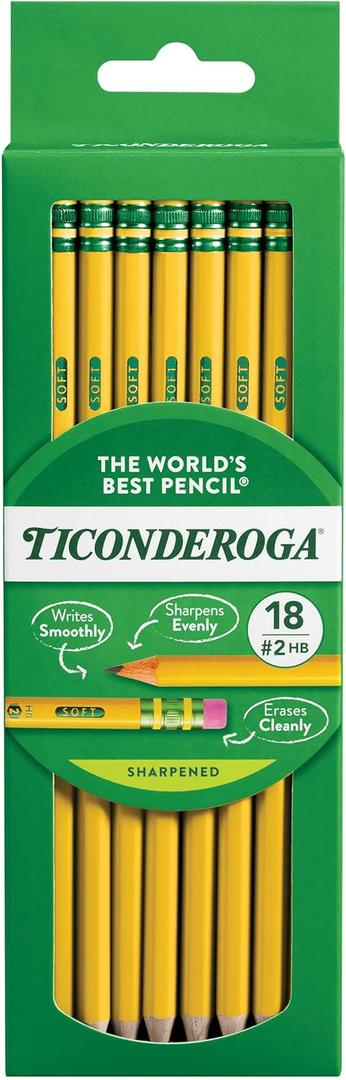 Ticonderoga Wood-Cased Pencils, Pre-Sharpened, #2 HB Soft, Yellow, 18 Count